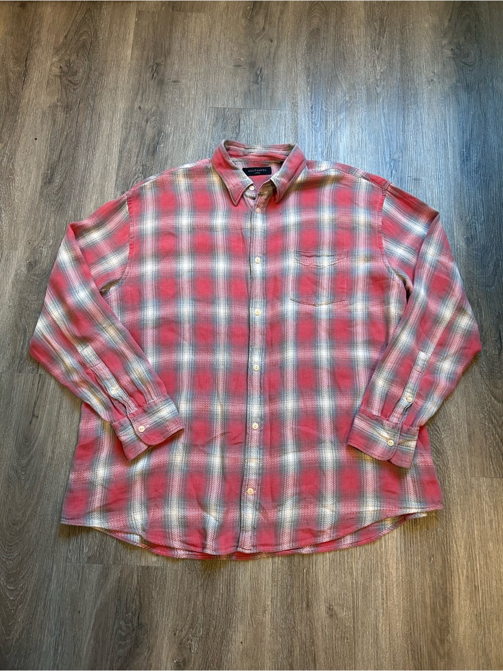 AllSaints Men's Red White Gray Long Sleeve Flannel Plaid Shirt Sz Large 185/104A